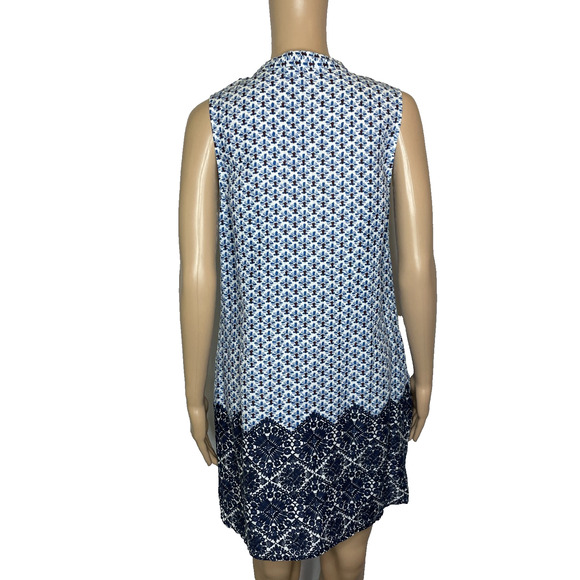 Women's Medium Tory Burch Navy Blue Floral 100% Linen Button Sleeveless Dress - Picture 3 of 6